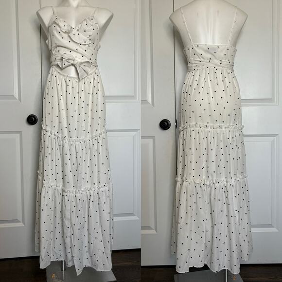 NWT Fashion Mia White Black Polka Dot Ruffle Wrap Top Tiered Maxi Dress M - Picture 1 of 7